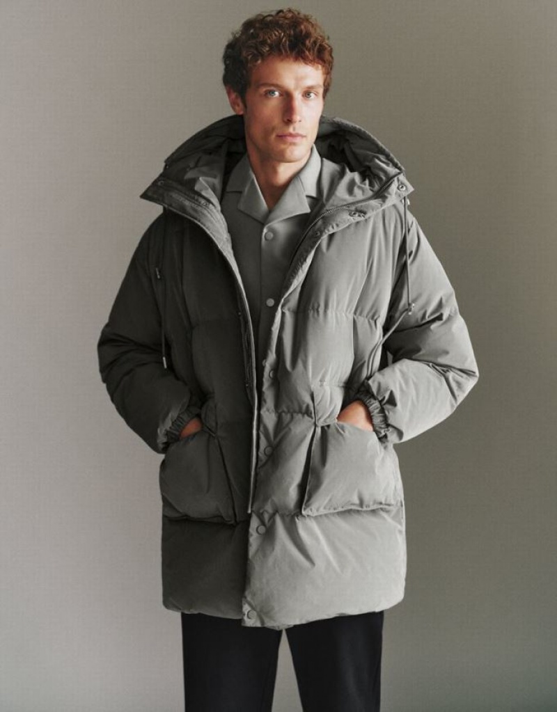 Grey Urban Revivo Hooded A-Line Men\'s Down Jackets | GCINVW-847