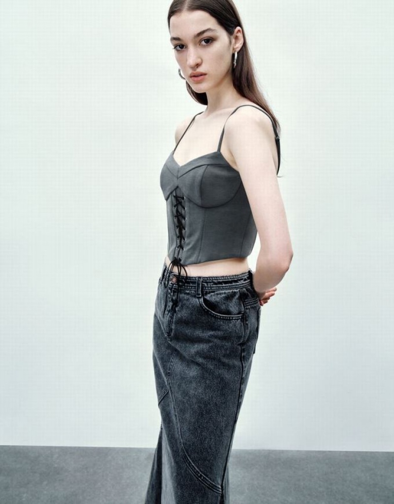 Grey Urban Revivo Lace Up Front Skinny Women's Tank Top | KXBVIF-267
