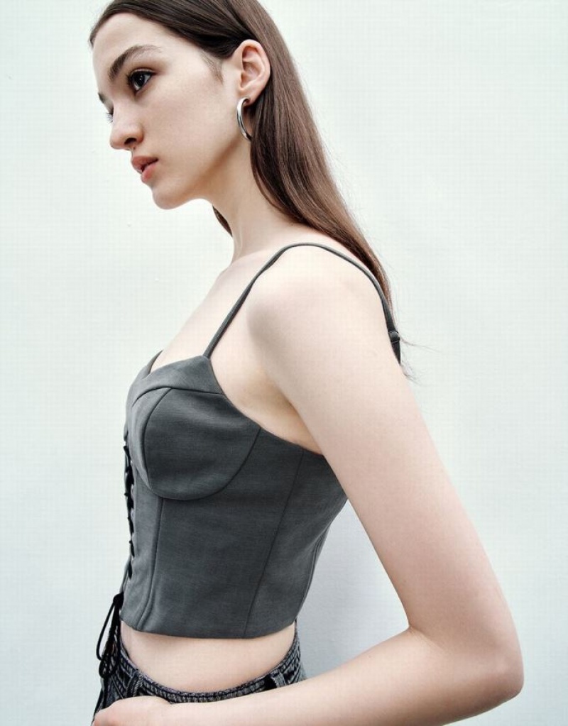 Grey Urban Revivo Lace Up Front Skinny Women's Tank Top | KXBVIF-267