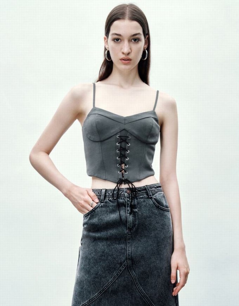 Grey Urban Revivo Lace Up Front Skinny Women\'s Tank Top | KXBVIF-267