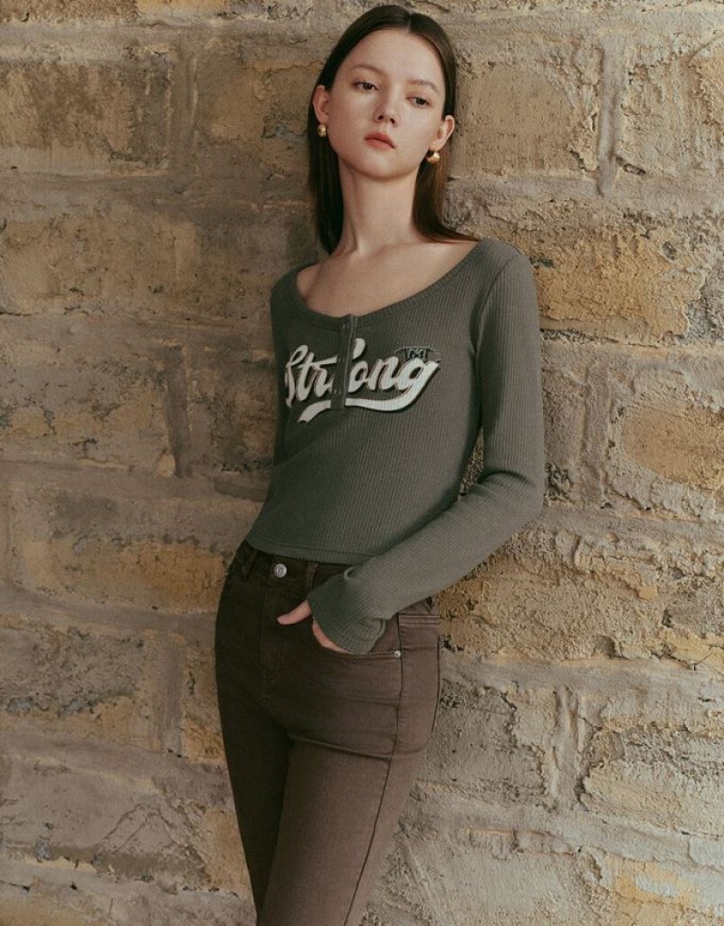 Grey Urban Revivo Letter Printed Crew Neck Skinny Women's T-Shirts | XBHJEO-780