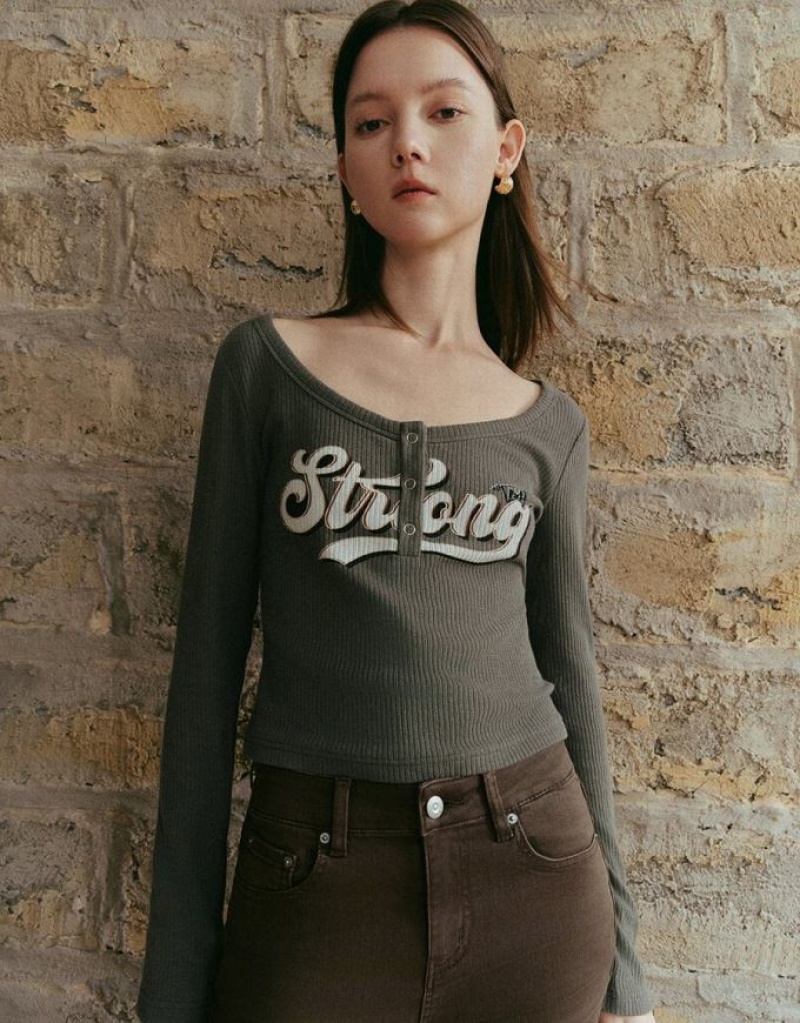 Grey Urban Revivo Letter Printed Crew Neck Skinny Women\'s T-Shirts | XBHJEO-780