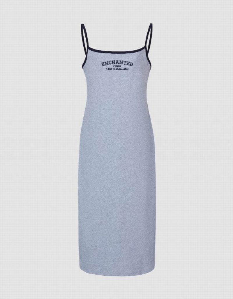 Grey Urban Revivo Letter Printed Off-Shoulder Skinny Cami Women's Dress | VFAXNK-165
