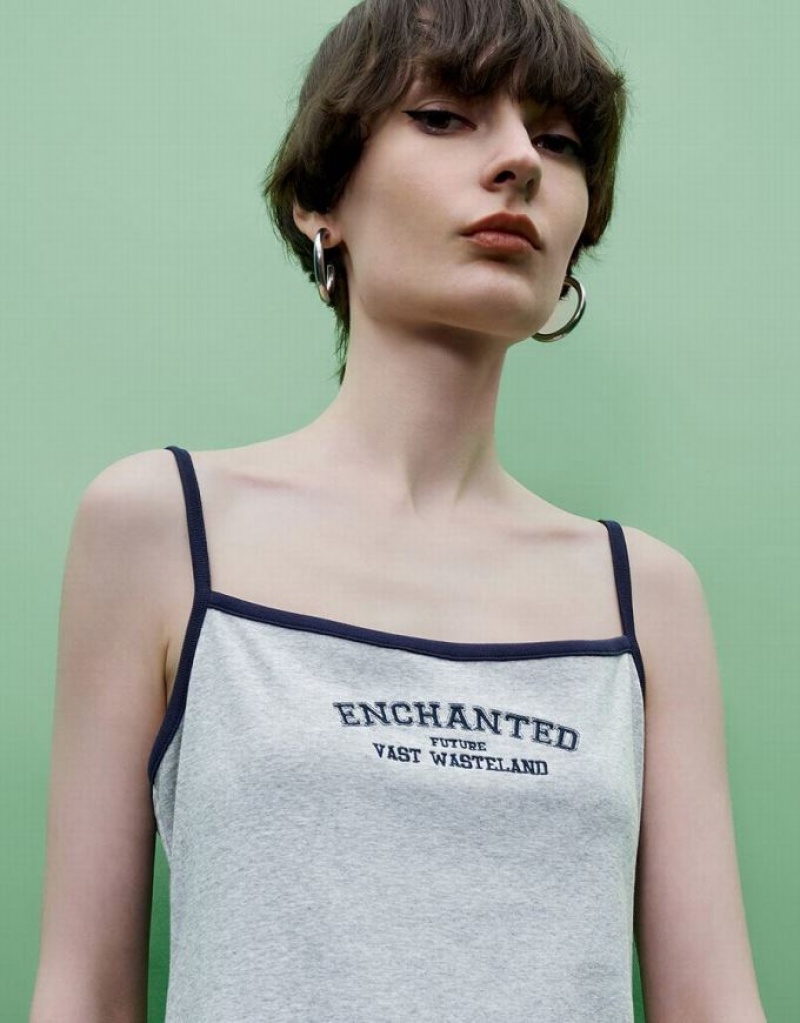 Grey Urban Revivo Letter Printed Off-Shoulder Skinny Cami Women's Dress | VFAXNK-165
