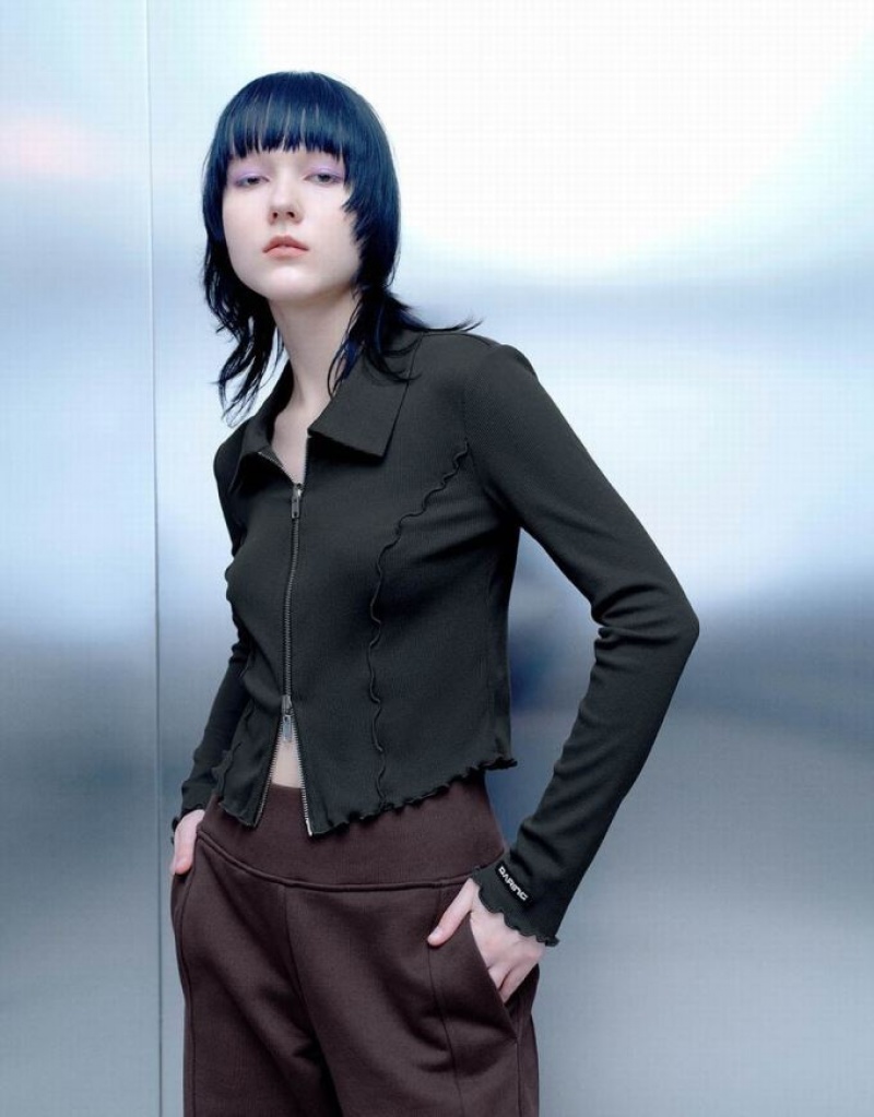 Grey Urban Revivo Lettuce Trim Zipper Front Skinny Women's Shirts | ZQKYVD-570
