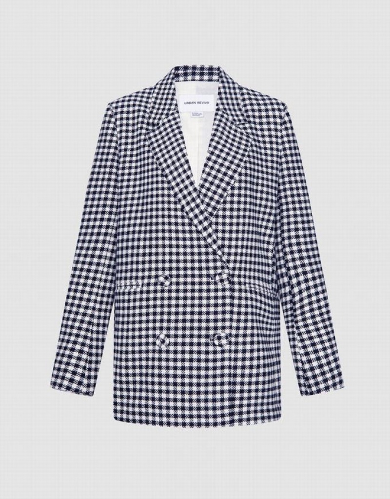 Grey Urban Revivo Plaid Double Breasted Women\'s Blazers | UYEJZV-582