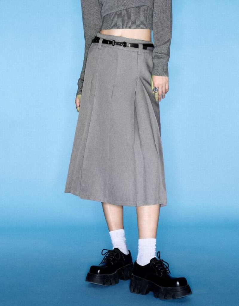 Grey Urban Revivo Pleated Midi A-Line Women's Skirts | CZQSBW-709
