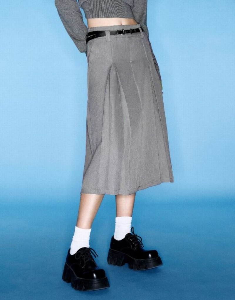 Grey Urban Revivo Pleated Midi A-Line Women's Skirts | CZQSBW-709