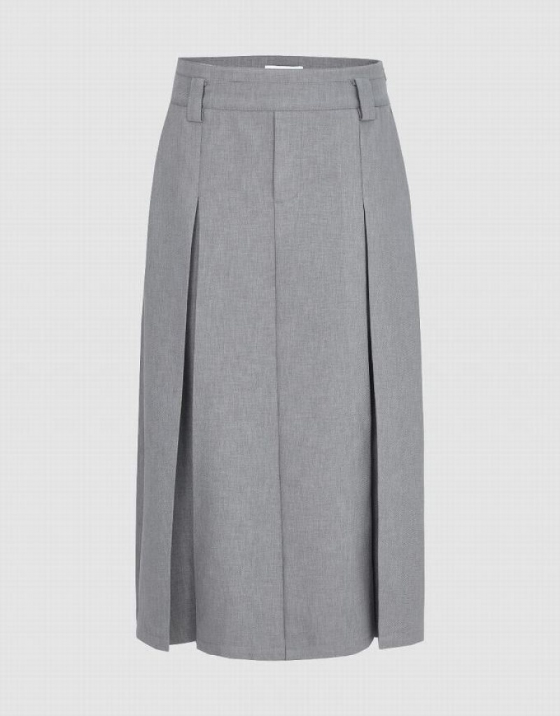 Grey Urban Revivo Pleated Midi A-Line Women\'s Skirts | CZQSBW-709