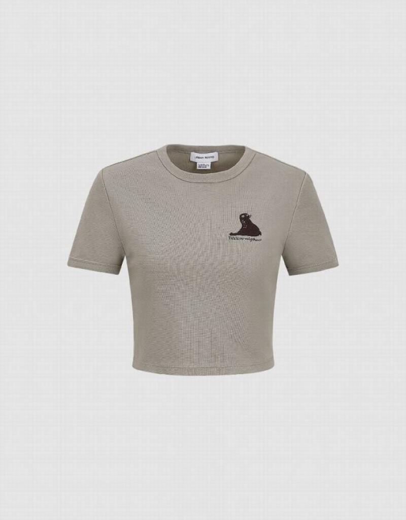 Grey Urban Revivo Printed Crew Neck Skinny Women's T-Shirts | NSFLYM-123