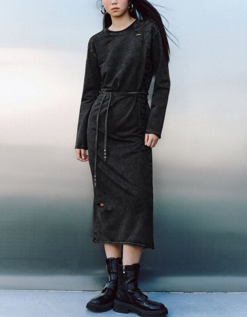 Grey Urban Revivo Printed Crew Neck Straight Women's Knitted Dress | UQOBFC-420