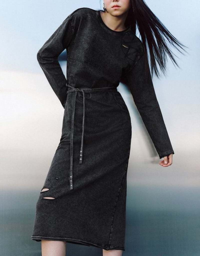 Grey Urban Revivo Printed Crew Neck Straight Women's Knitted Dress | UQOBFC-420