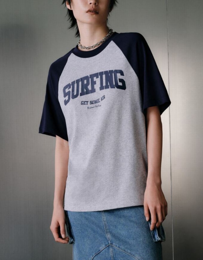 Grey Urban Revivo Printed Raglan Sleeve Women's T-Shirts | WGBXCO-149