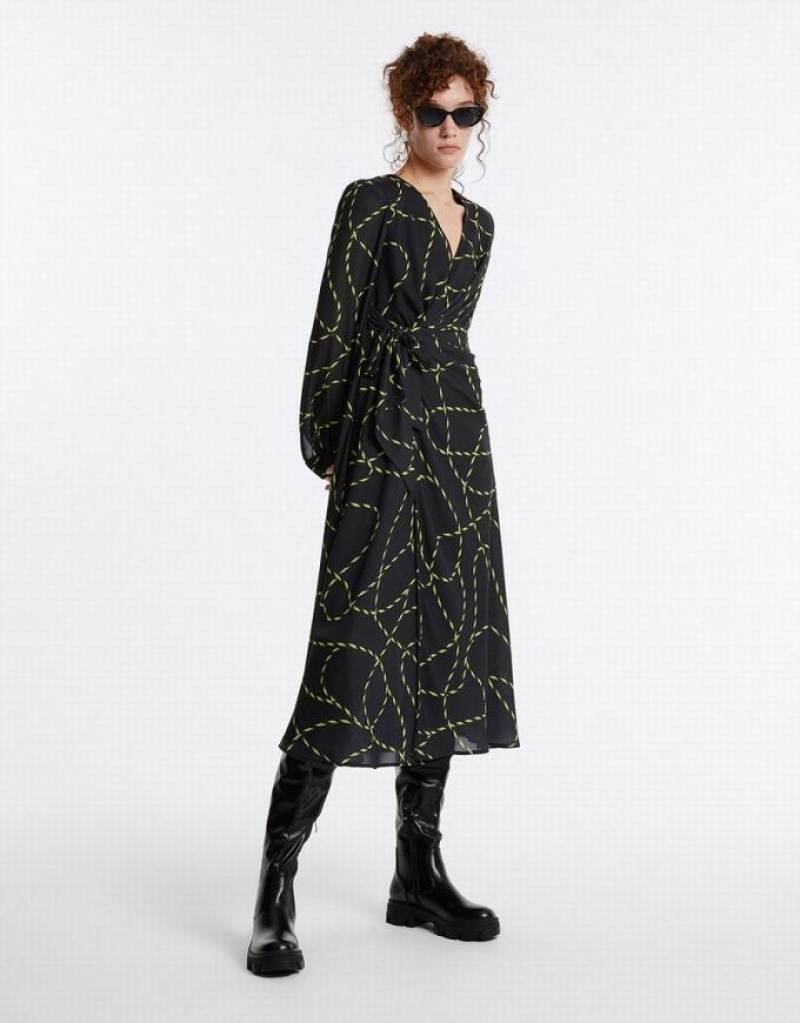 Grey Urban Revivo Printed Ruched Wrap Women's Casual Dress | YXJUHE-120