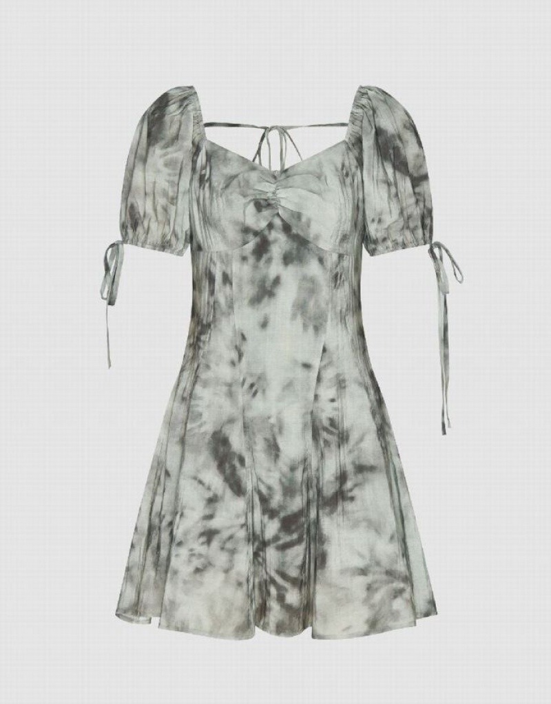 Grey Urban Revivo Printed Square-cut Collar Skater Women\'s Short Dress | YCNQFJ-865