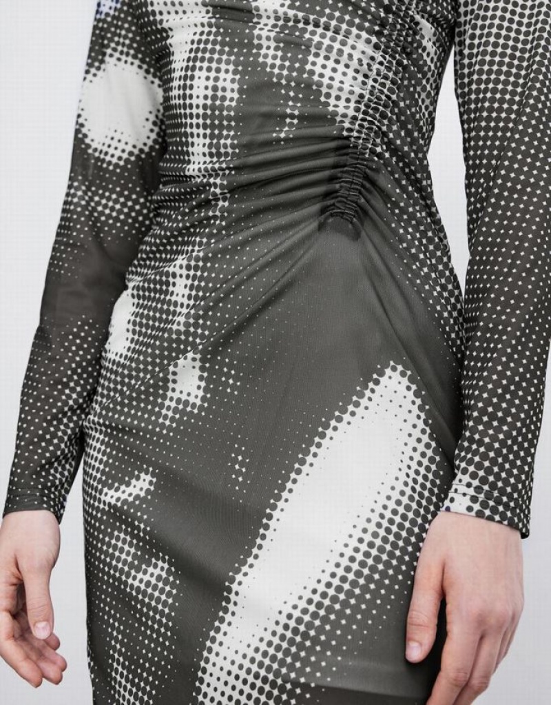 Grey Urban Revivo Ruched Printed Midi Women's Midi Dress | RUKPQW-076