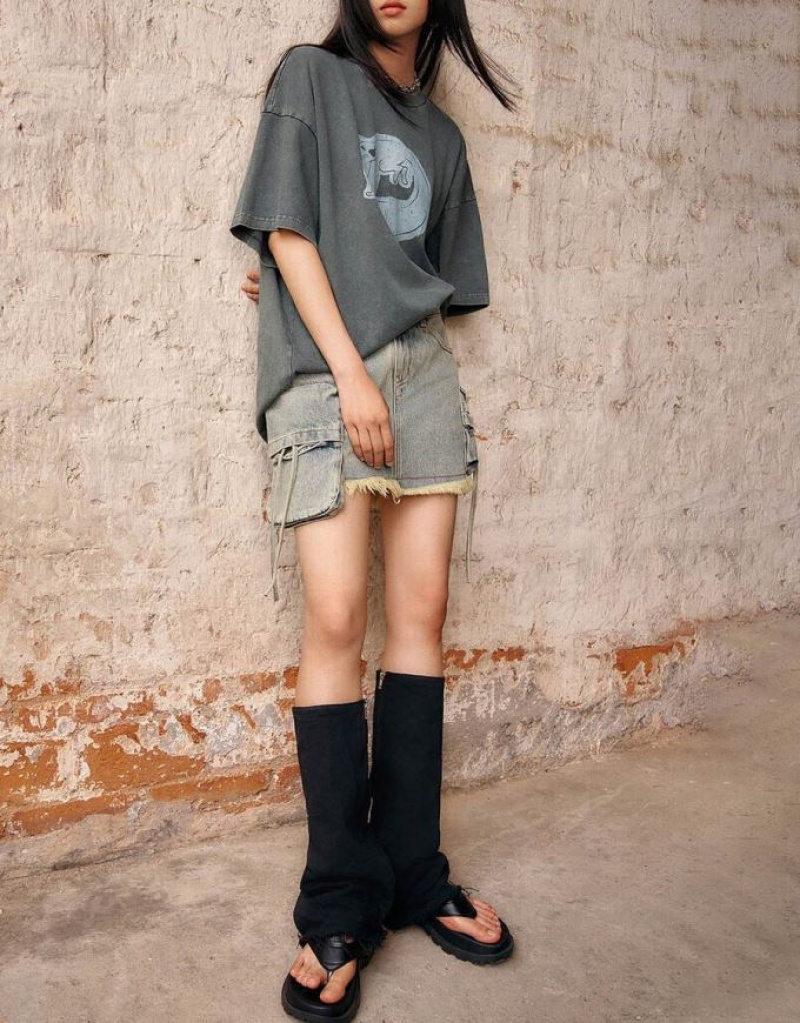 Grey Urban Revivo Skunk Printed Crew Neck Straight Women's T-Shirts | QHGOKV-250
