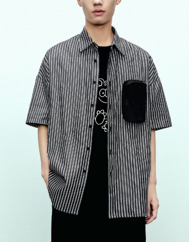 Grey Urban Revivo Striped Loose Men's Shirts | KQVEGF-364