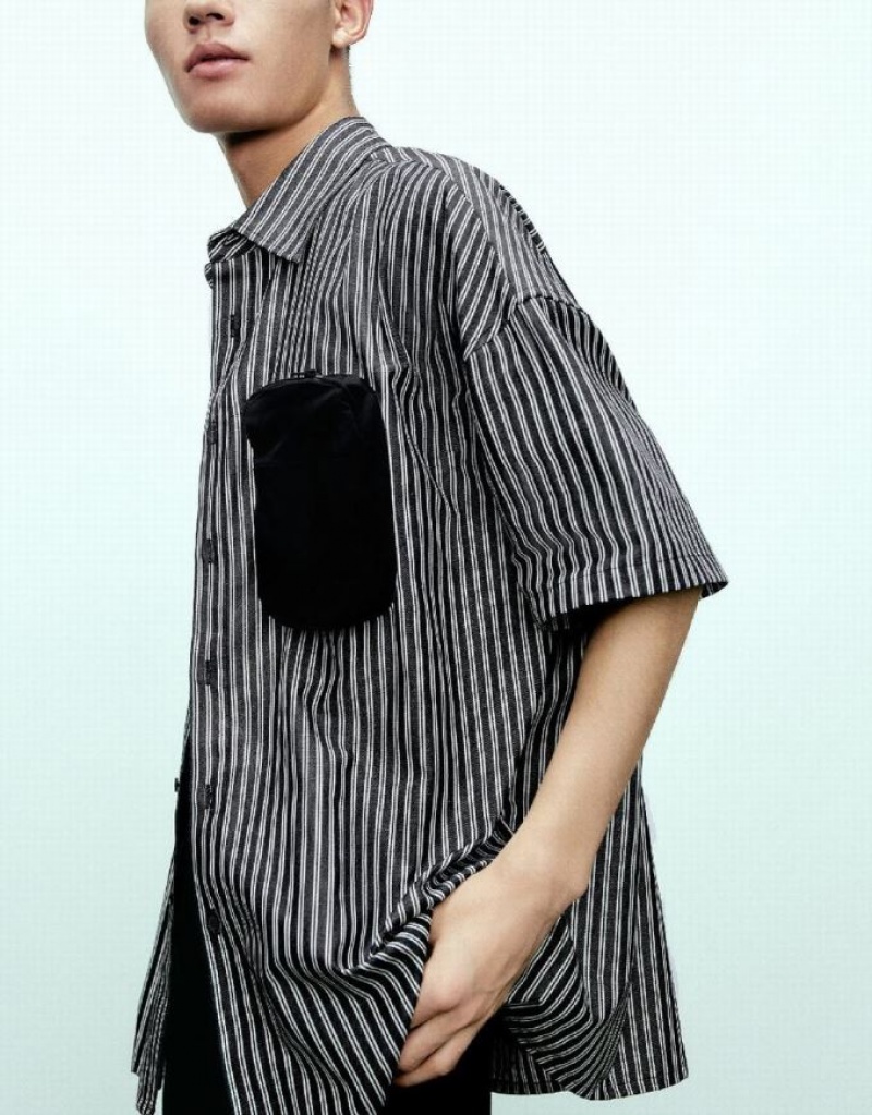 Grey Urban Revivo Striped Loose Men's Shirts | KQVEGF-364