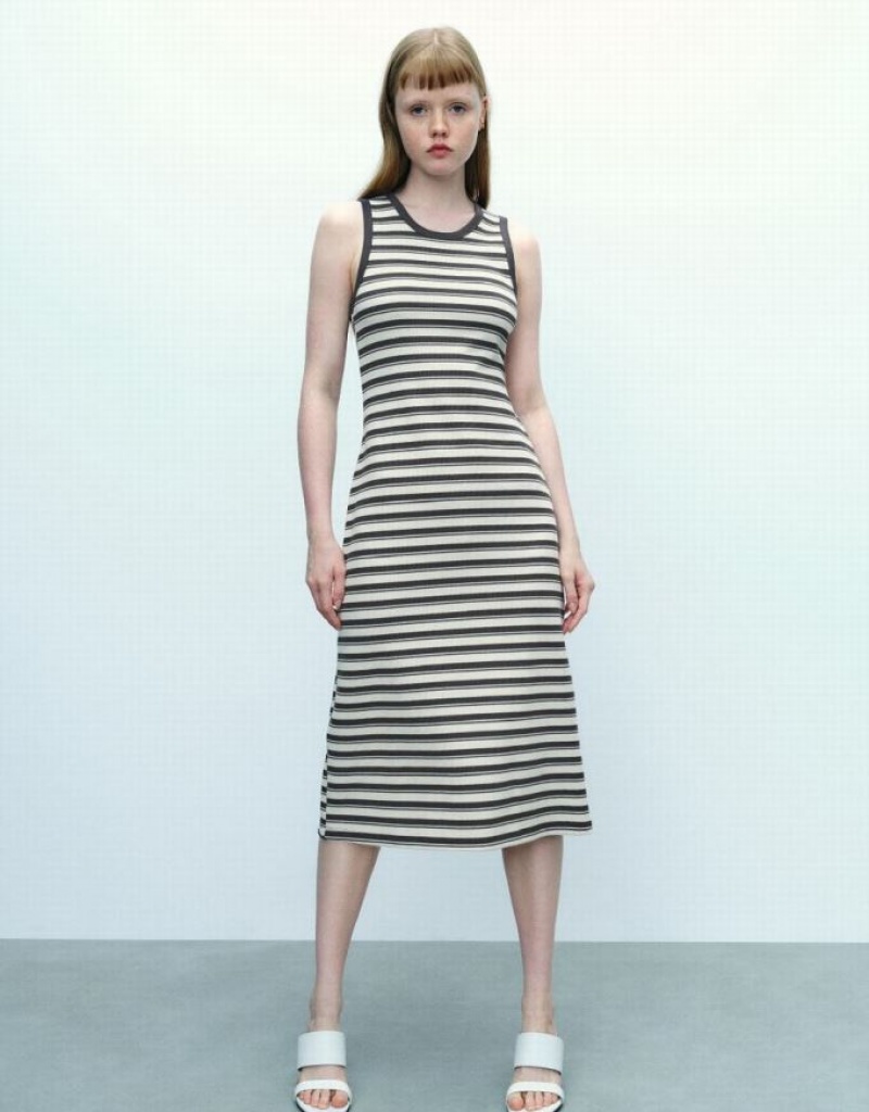 Grey Urban Revivo Striped Sleeveless Crew Neck Straight Women\'s Dress | QPJSND-049