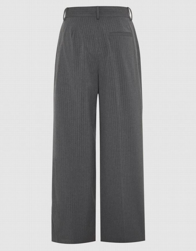 Grey Urban Revivo Striped Tailored Wide-Leg Women's Pants | EWJNMD-489