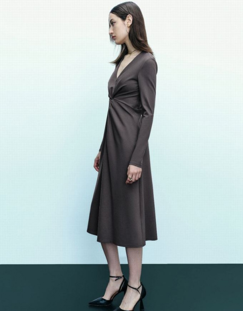 Grey Urban Revivo Twist Front V-Neck A-Line Women's Dress | QCIELW-396