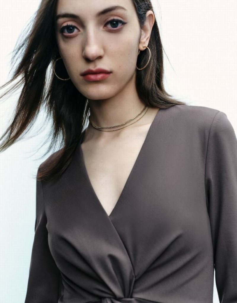 Grey Urban Revivo Twist Front V-Neck A-Line Women's Dress | QCIELW-396