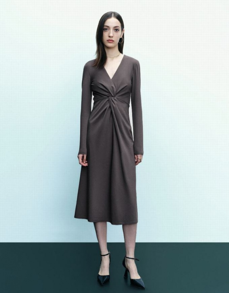 Grey Urban Revivo Twist Front V-Neck A-Line Women\'s Dress | QCIELW-396