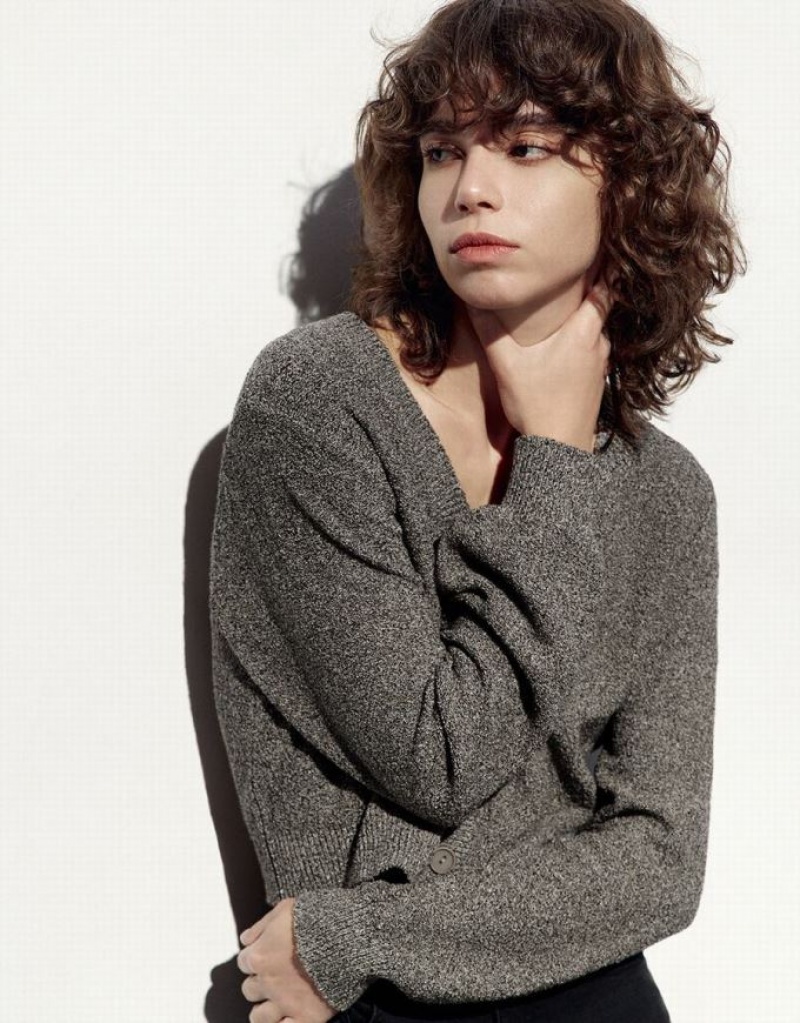 Grey Urban Revivo V-Neck Knitted Women's Cardigan | LPSKIB-420