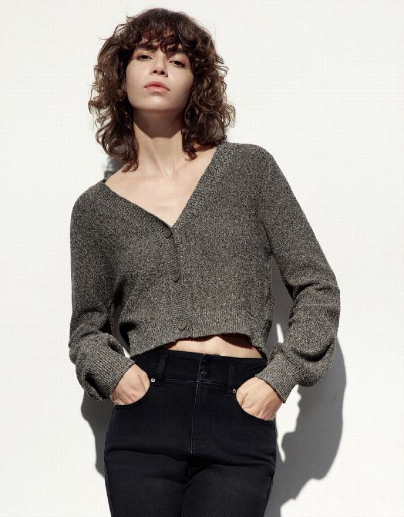 Grey Urban Revivo V-Neck Knitted Women\'s Cardigan | LPSKIB-420