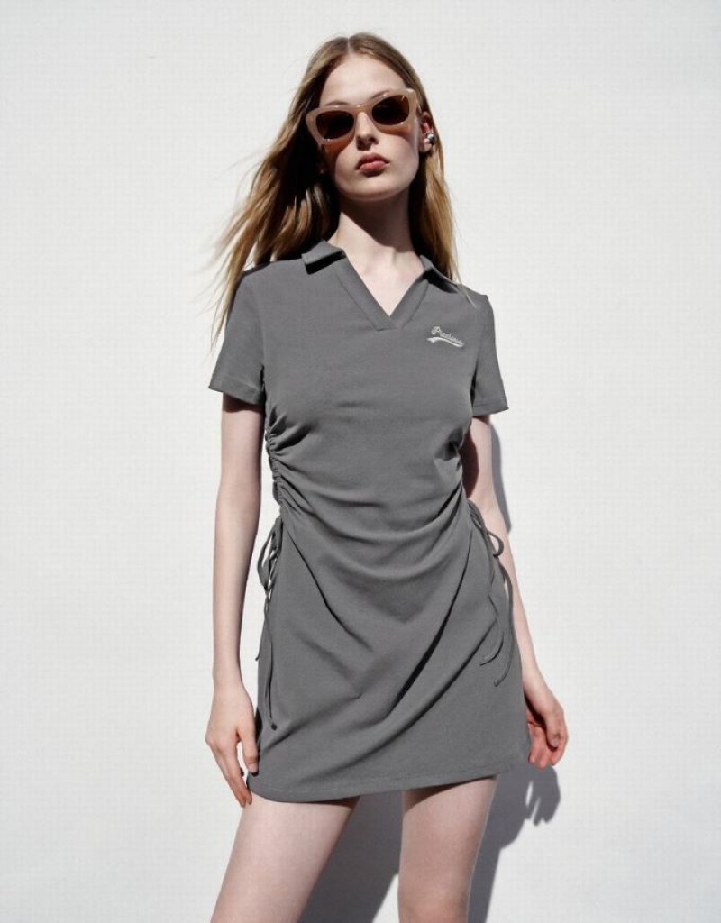 Grey Urban Revivo V-Neck Skater Women\'s Short Dress | YWXZRL-382