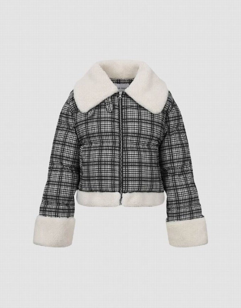 Grey Urban Revivo Zipper Front Plaid Furry Padded Women's Coats | OMBUGH-928