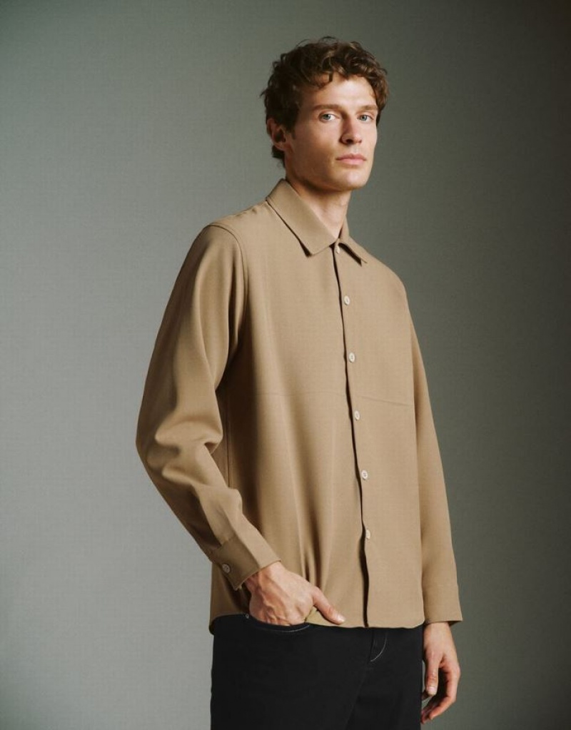 Khaki Urban Revivo Button Up Straight Men's Jacket | GOCBIQ-374
