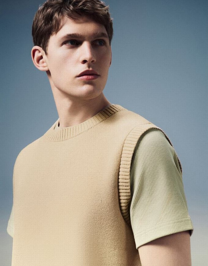 Khaki Urban Revivo Crew Neck Knitted Men's Cardigan | GMBWQV-974