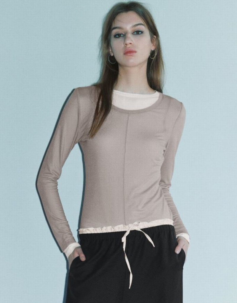 Khaki Urban Revivo Crew Neck Skinny Women\'s T-Shirts | ETBQIZ-032