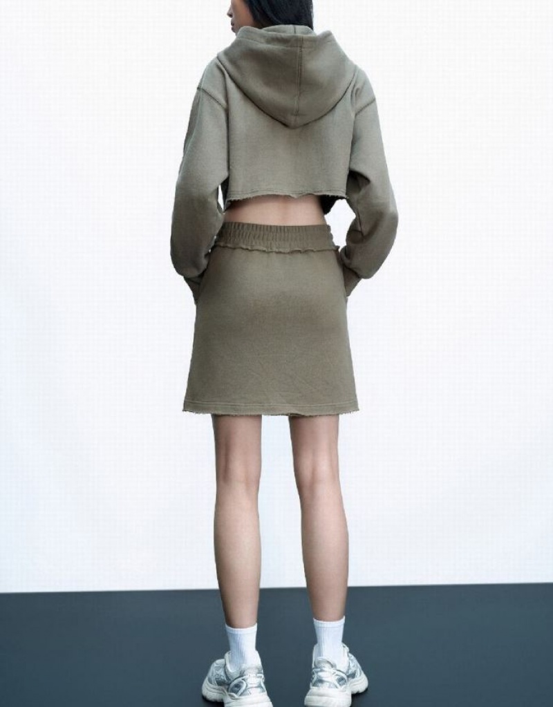 Khaki Urban Revivo Cropped Zipper Front Women's Hooded Jackets | QLOYTB-021