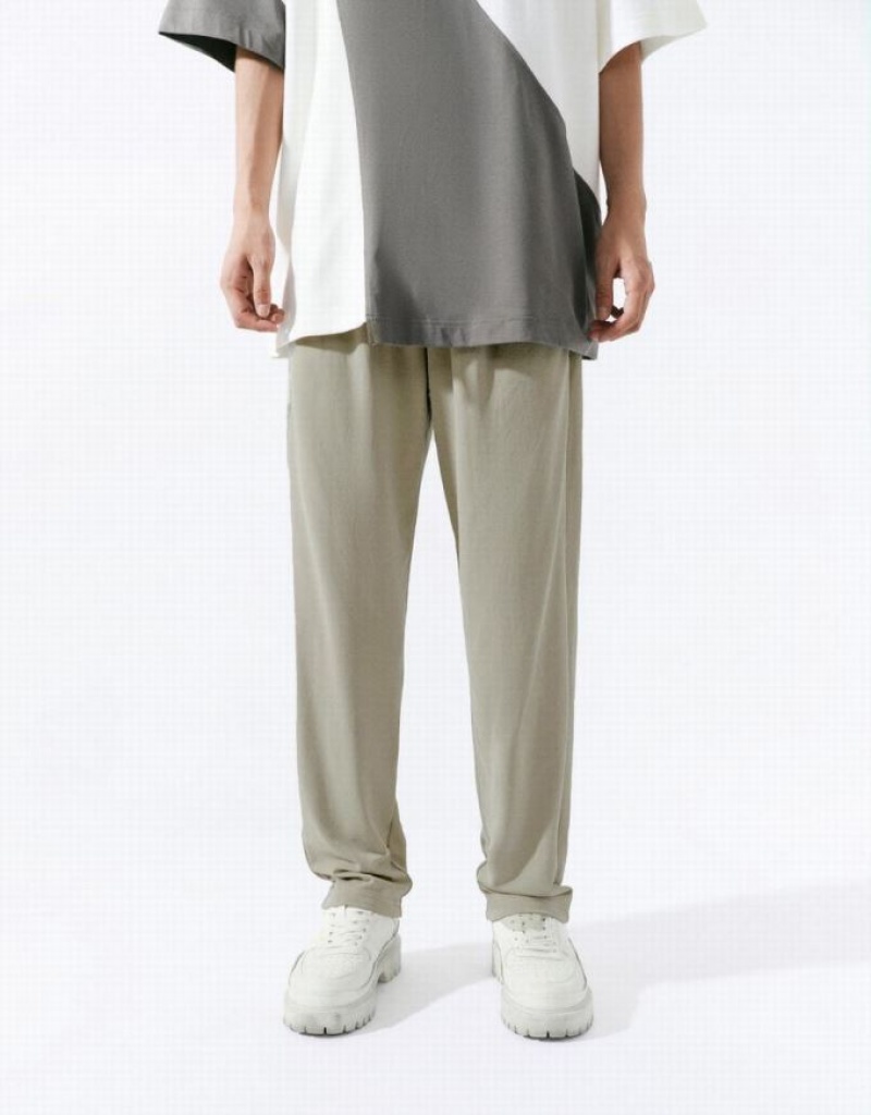 Khaki Urban Revivo Drawstring Waist Knitted Straight Men's Pants | HDRMAC-732