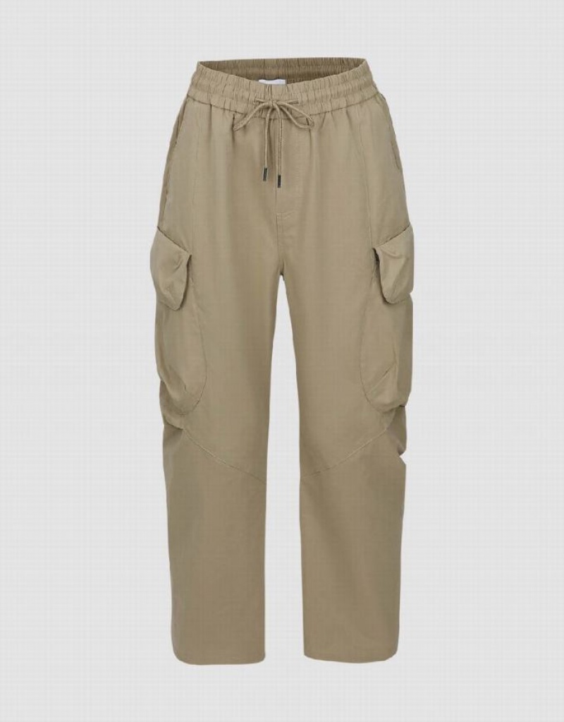Khaki Urban Revivo Drawstring Waist Wide-Leg Men\'s Pants | LNQVRU-395