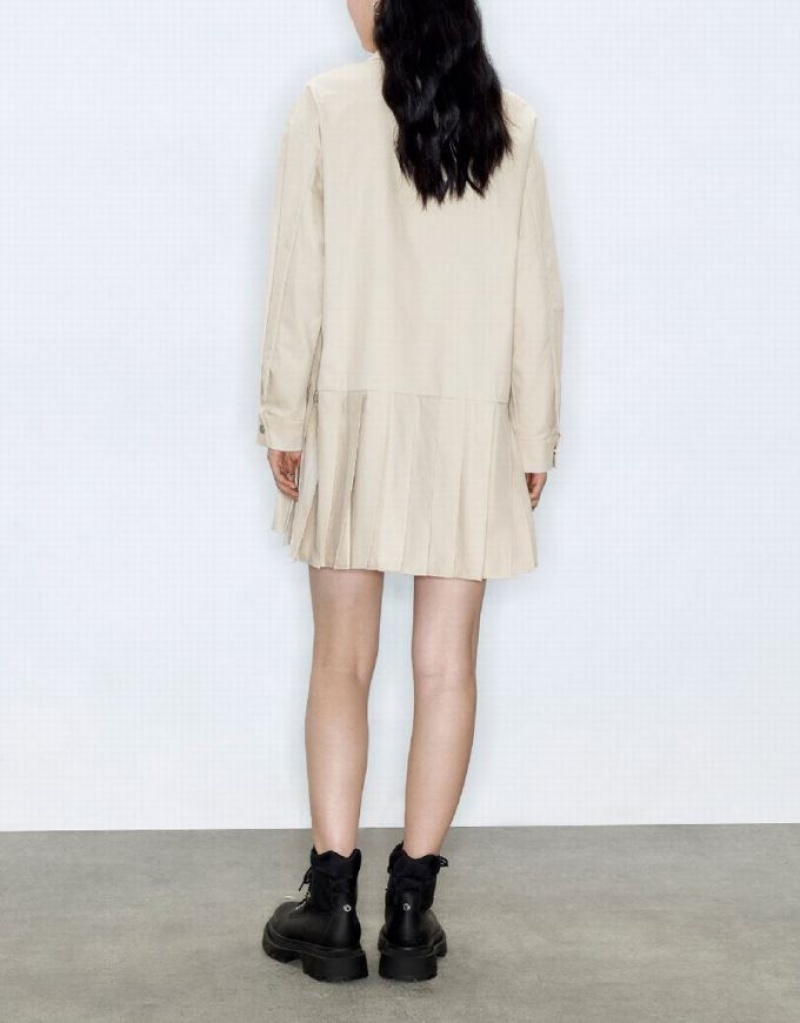 Khaki Urban Revivo Drop Shoulder Sleeve Lapel A-Line Women's Dress | HUJGRX-721