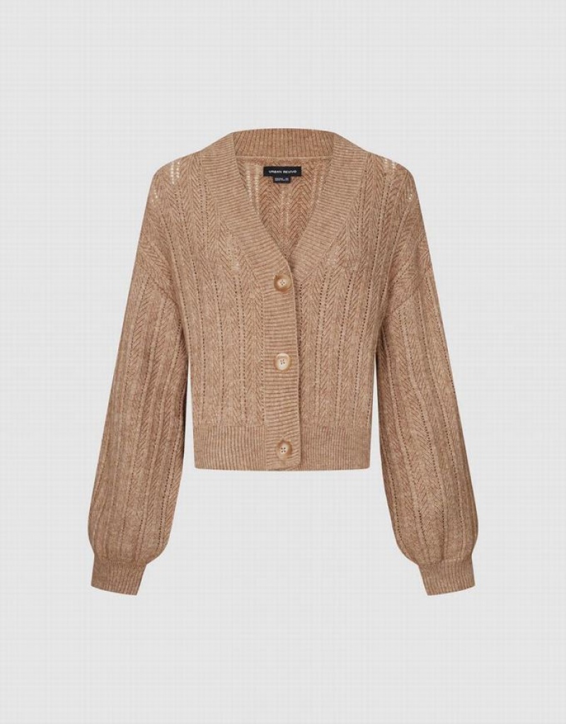 Khaki Urban Revivo Drop Shoulder Sleeve V-Neck Knitted Women's Cardigan | SPTHAM-408