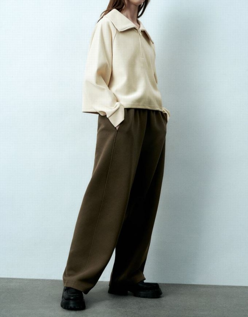 Khaki Urban Revivo Elastic Waist Knitted Wide-Leg Women's Pants | WBGJYL-467