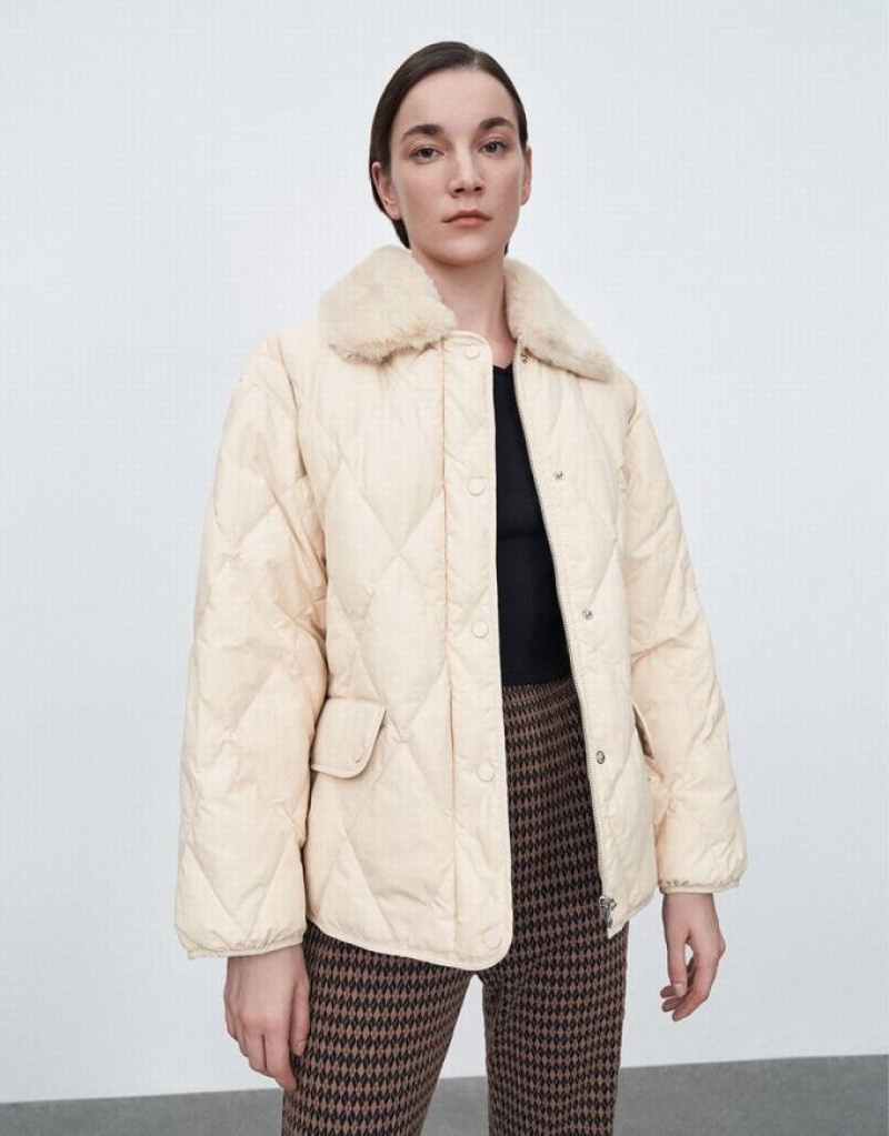 Khaki Urban Revivo Faux Fur Collar Women's Down Jackets | RLDPMH-607