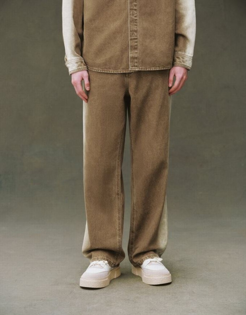 Khaki Urban Revivo Gradient Straight Men's Jeans | VQGANW-591