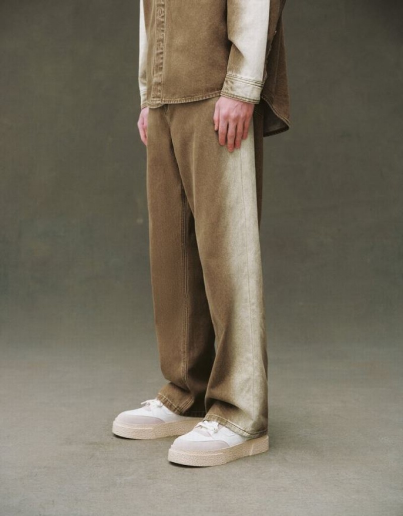 Khaki Urban Revivo Gradient Straight Men's Jeans | VQGANW-591