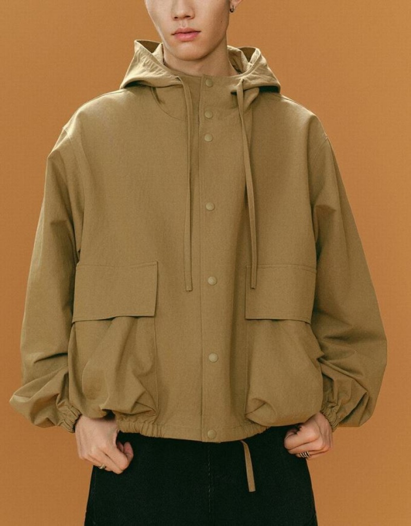 Khaki Urban Revivo Hooded Oversized Men's Jacket | FYVPJE-086