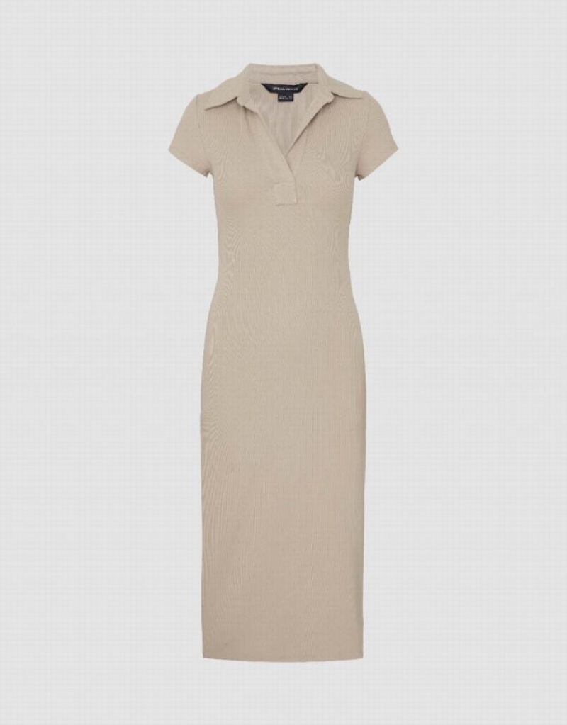Khaki Urban Revivo Lapel Skinny Women's Dress | NKFDXZ-945