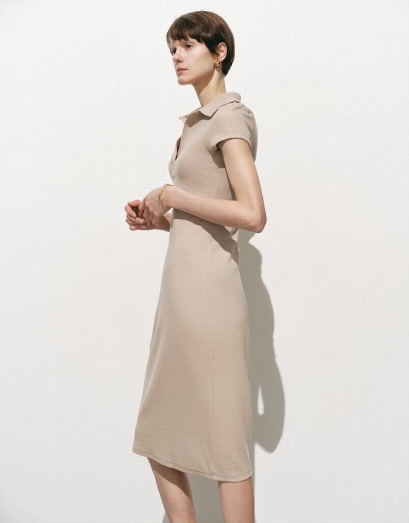 Khaki Urban Revivo Lapel Skinny Women's Dress | NKFDXZ-945