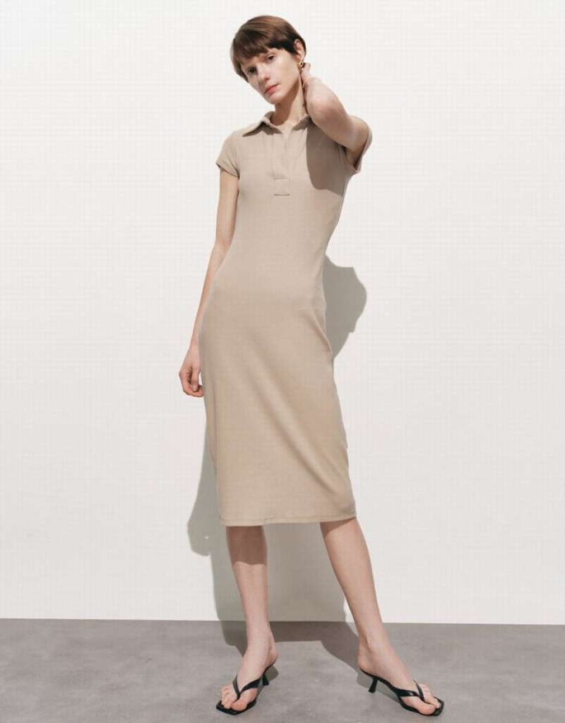 Khaki Urban Revivo Lapel Skinny Women\'s Dress | NKFDXZ-945