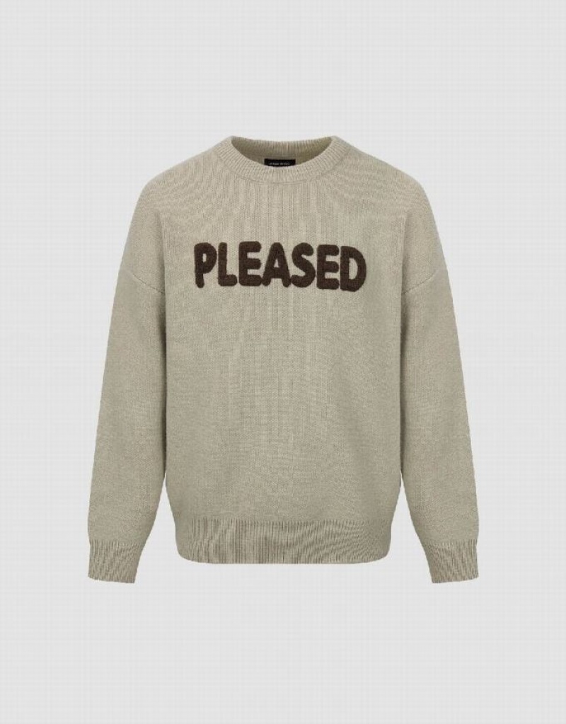 Khaki Urban Revivo Letter Printed Crew Neck Knitted Men's Cardigan | QPCSRV-743