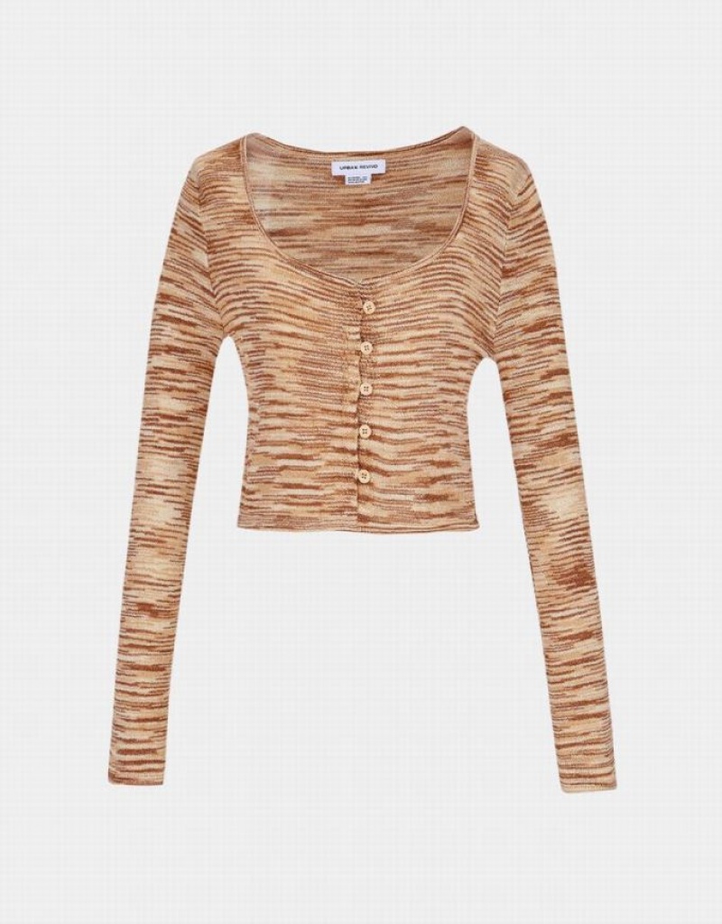 Khaki Urban Revivo Marled Knit Cropped Women\'s Cardigan | UTBVQE-486